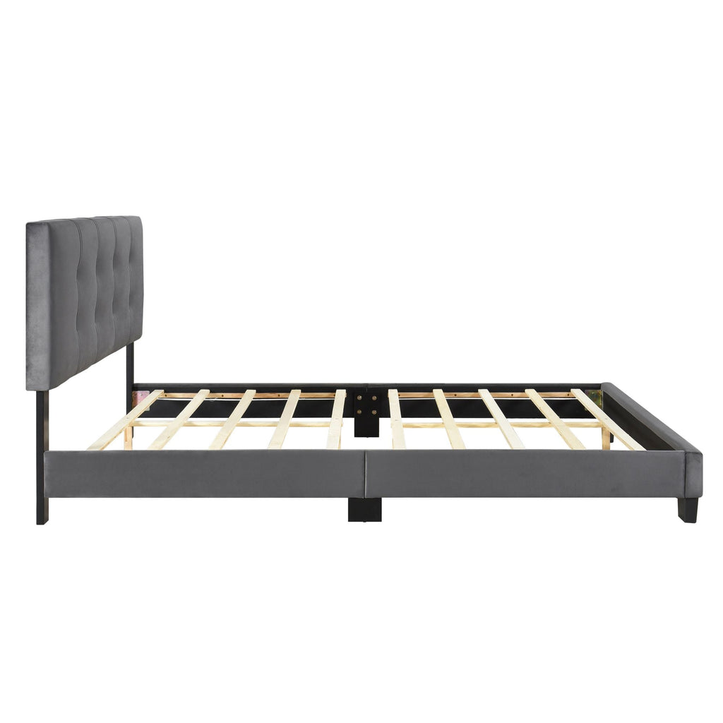 1pc Queen Platform Bed Dark Gray Velvet Upholstered Adjustable Height Headboard