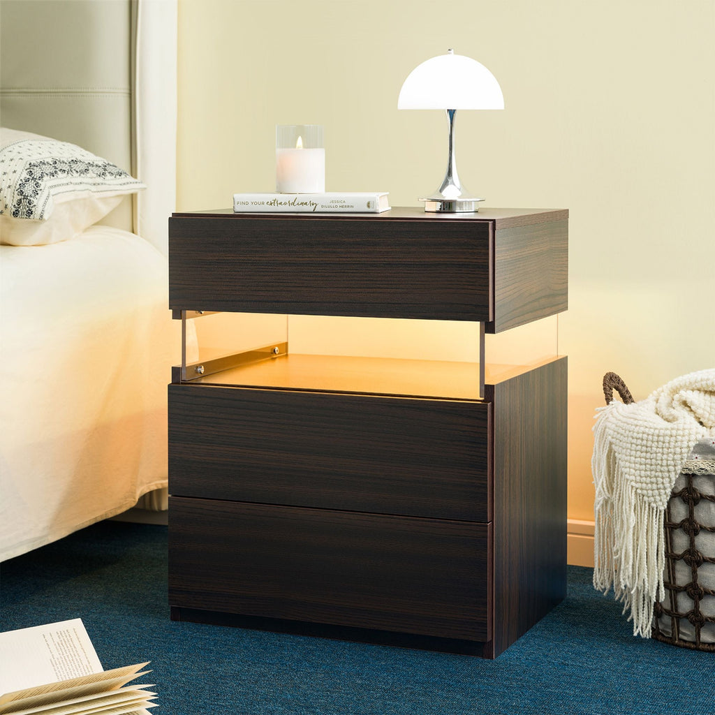 LED Nightstand 3 Drawer Dresser for Bedroom End Table with Acrylic Board LED
