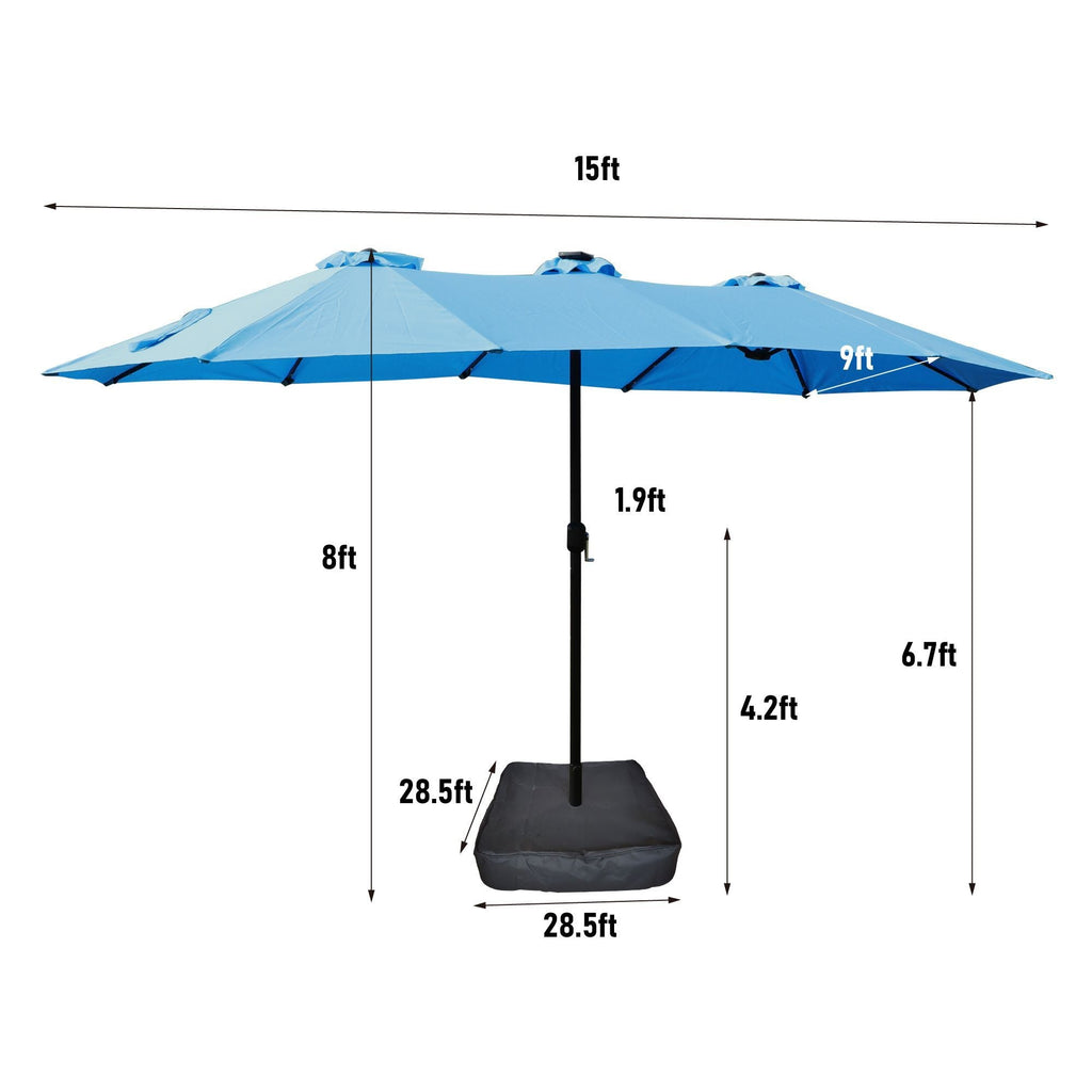 15x9ft Large Double-Sided Rectangular Outdoor Twin Patio Market Umbrella with light, base