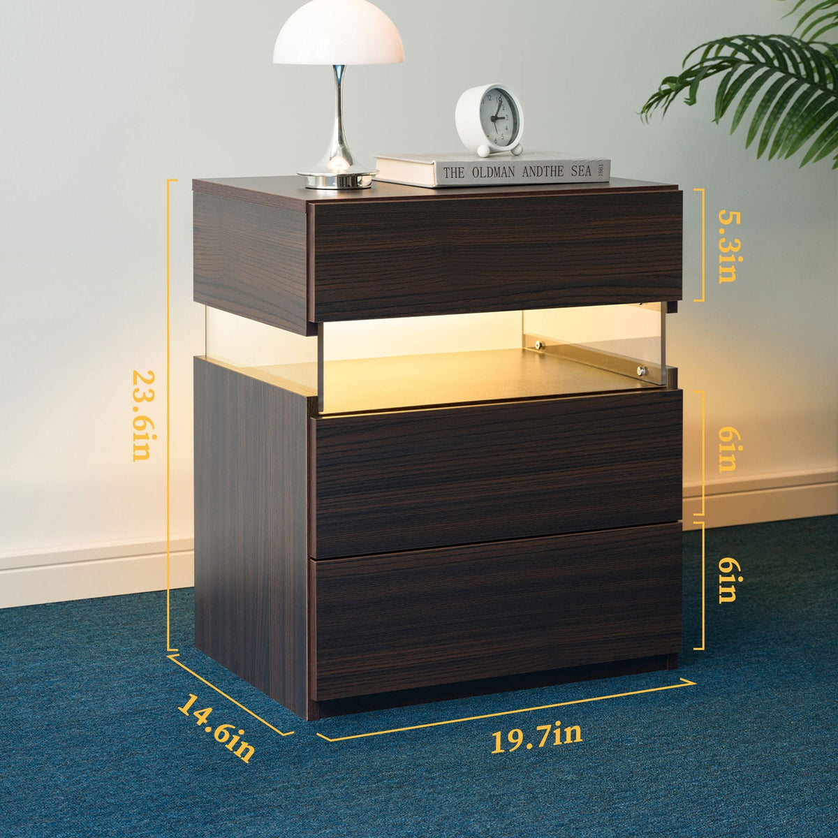 LED Nightstand 3 Drawer Dresser for Bedroom End Table with Acrylic Board LED