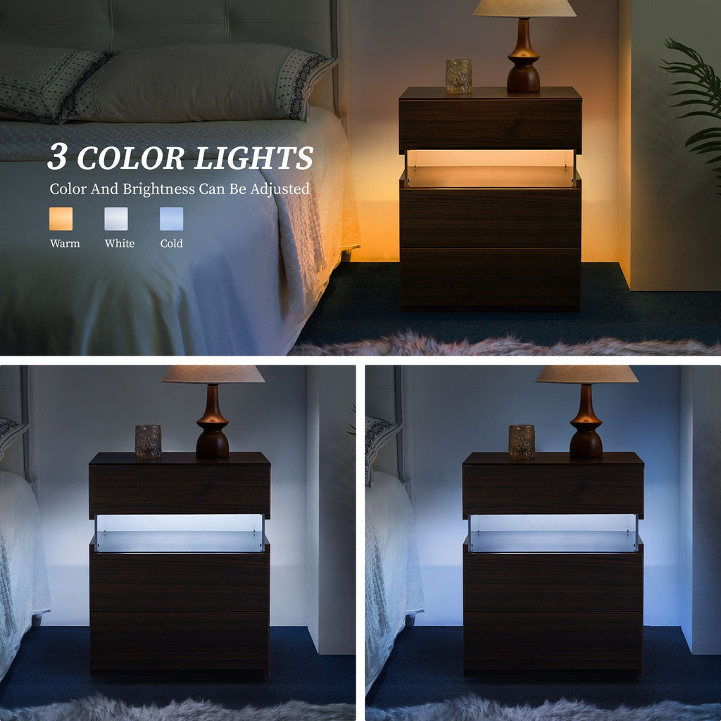 LED Nightstand 3 Drawer Dresser for Bedroom End Table with Acrylic Board LED