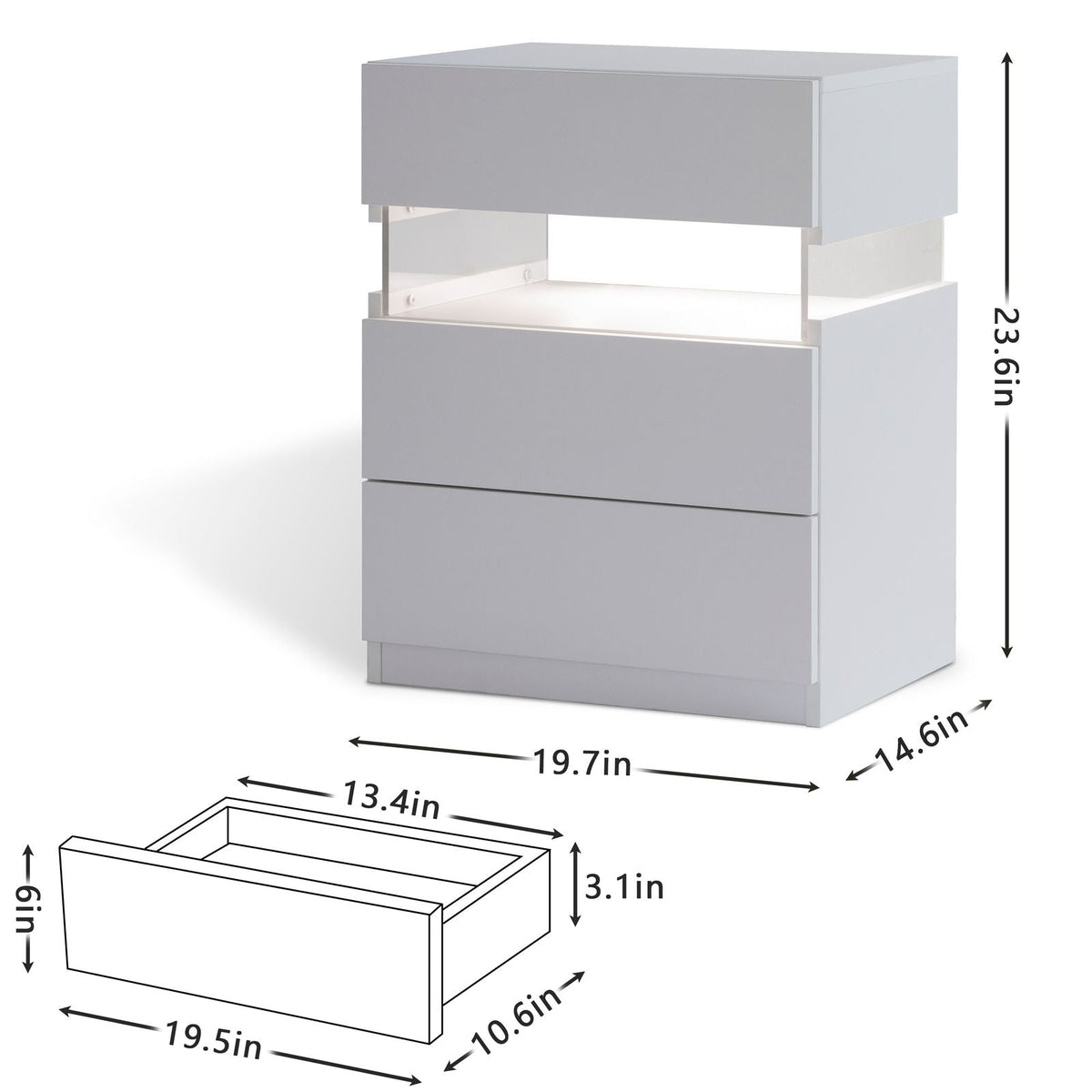 LED Nightstands 3 Drawer Dresser for Bedroom End Table with Acrylic Board LED