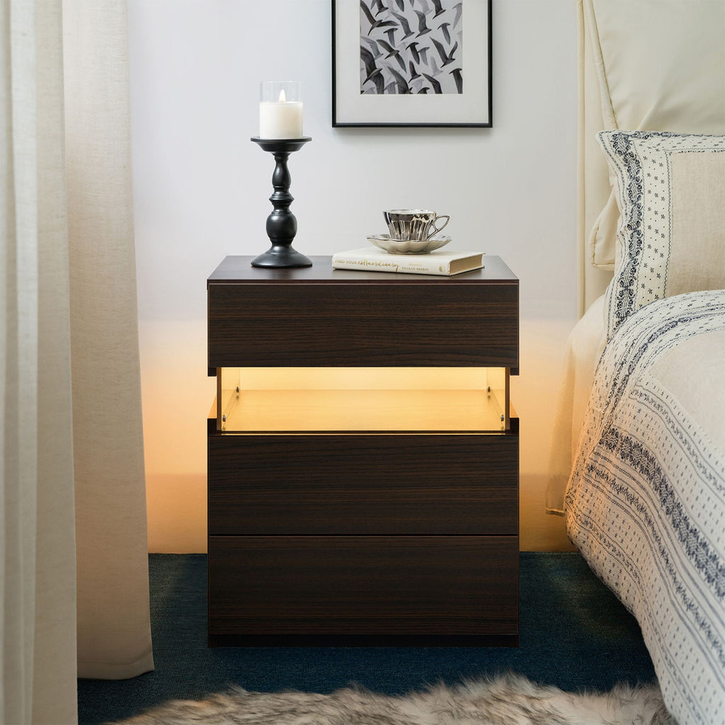 LED Nightstand 3 Drawer Dresser for Bedroom End Table with Acrylic Board LED