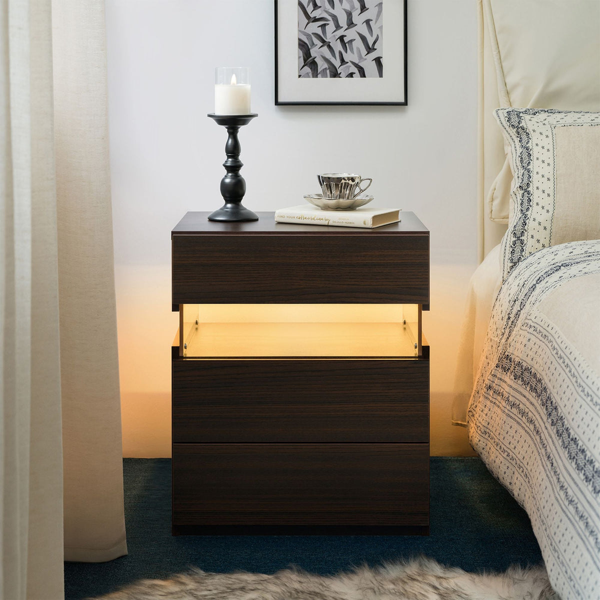 LED Nightstand 3 Drawer Dresser for Bedroom End Table with Acrylic Board LED