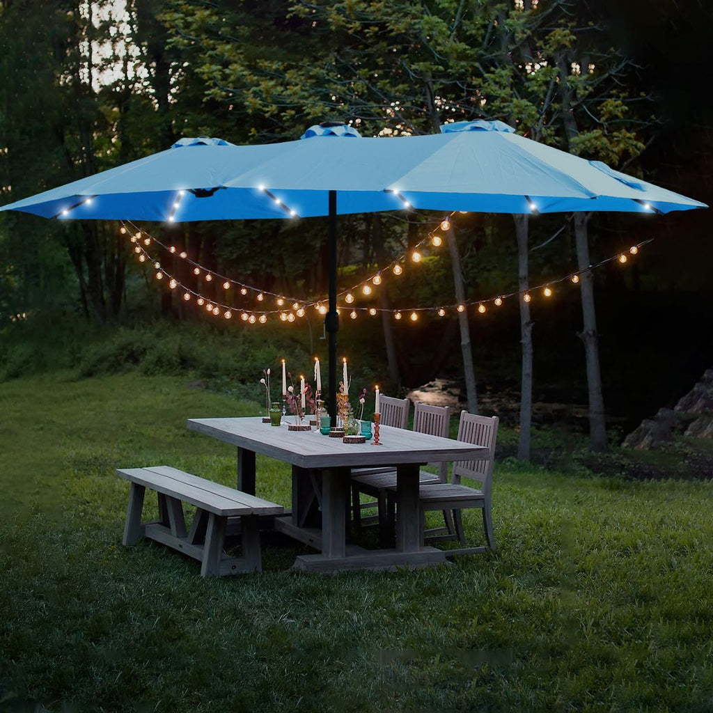 15x9ft Large Double-Sided Rectangular Outdoor Twin Patio Market Umbrella with light, base