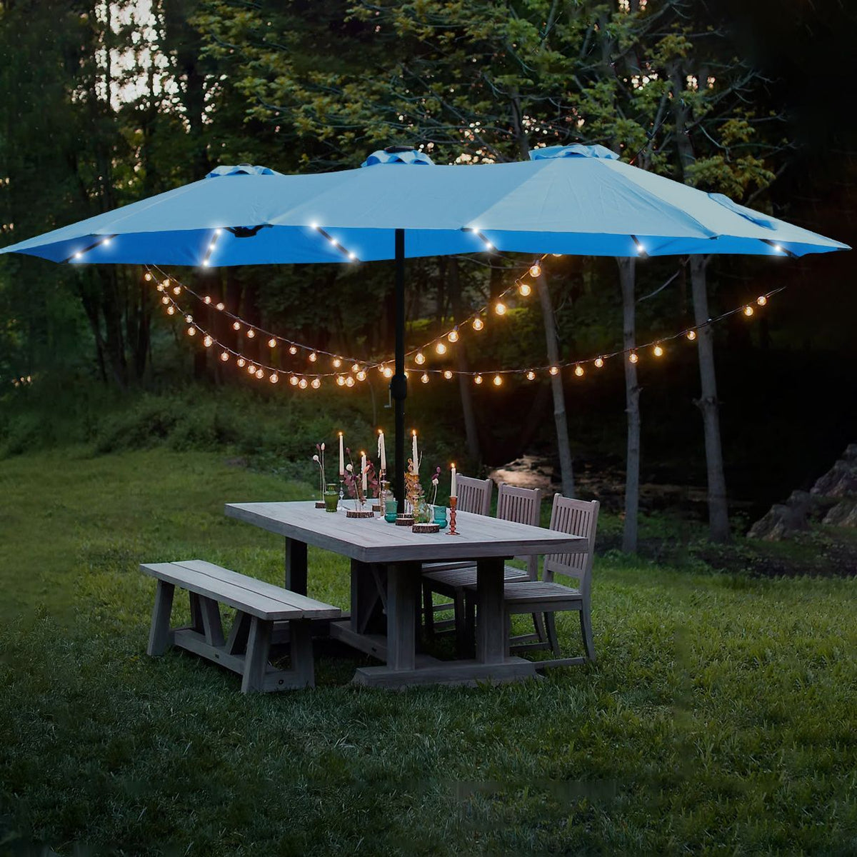 15x9ft Large Double-Sided Rectangular Outdoor Twin Patio Market Umbrella with light, base