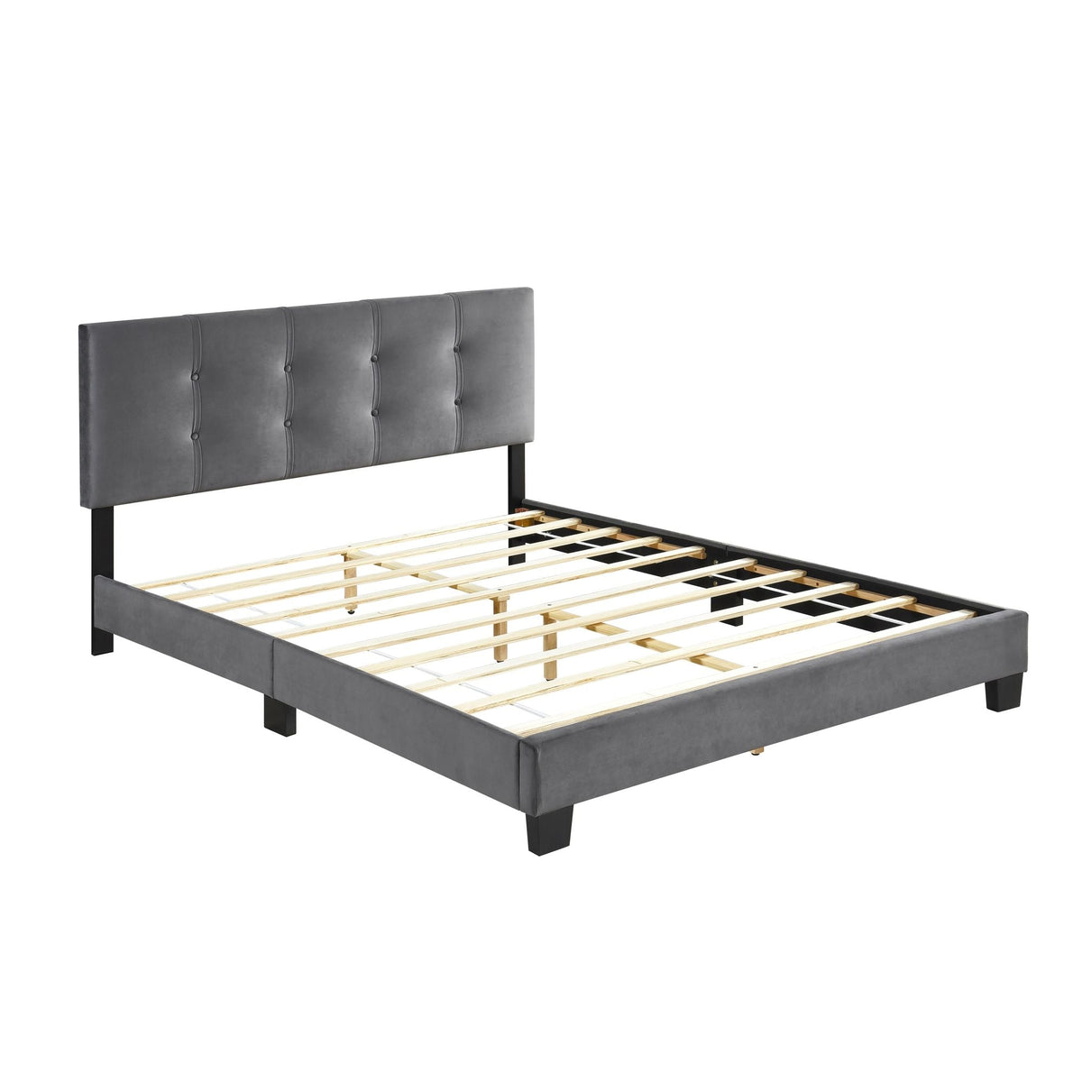 1pc Queen Platform Bed Dark Gray Velvet Upholstered Adjustable Height Headboard