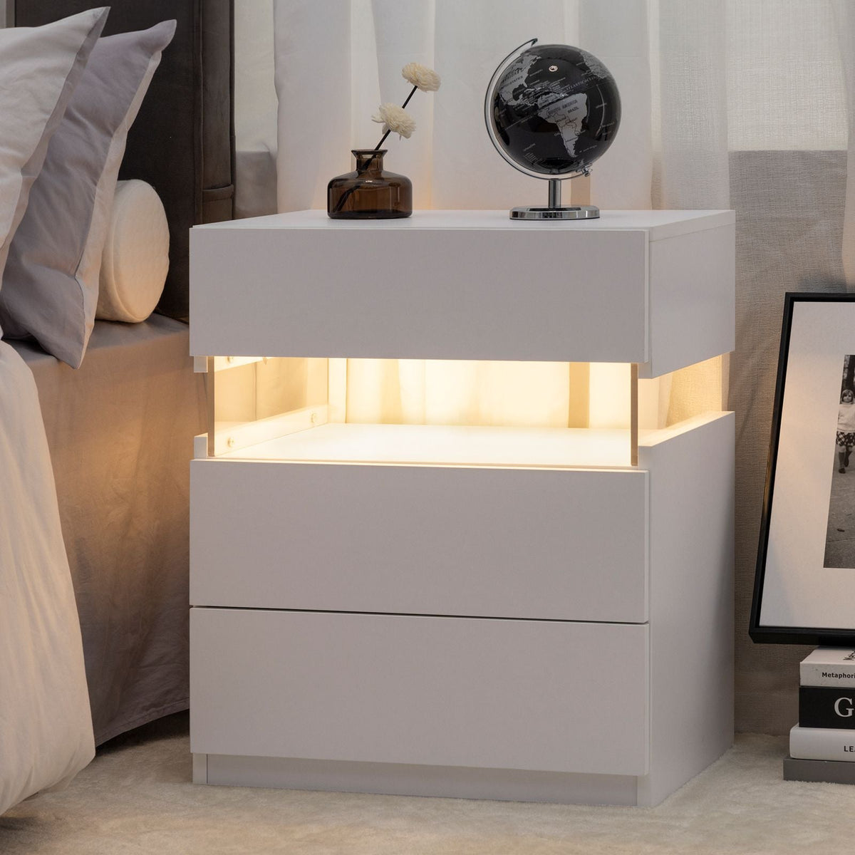 LED Nightstands 3 Drawer Dresser for Bedroom End Table with Acrylic Board LED