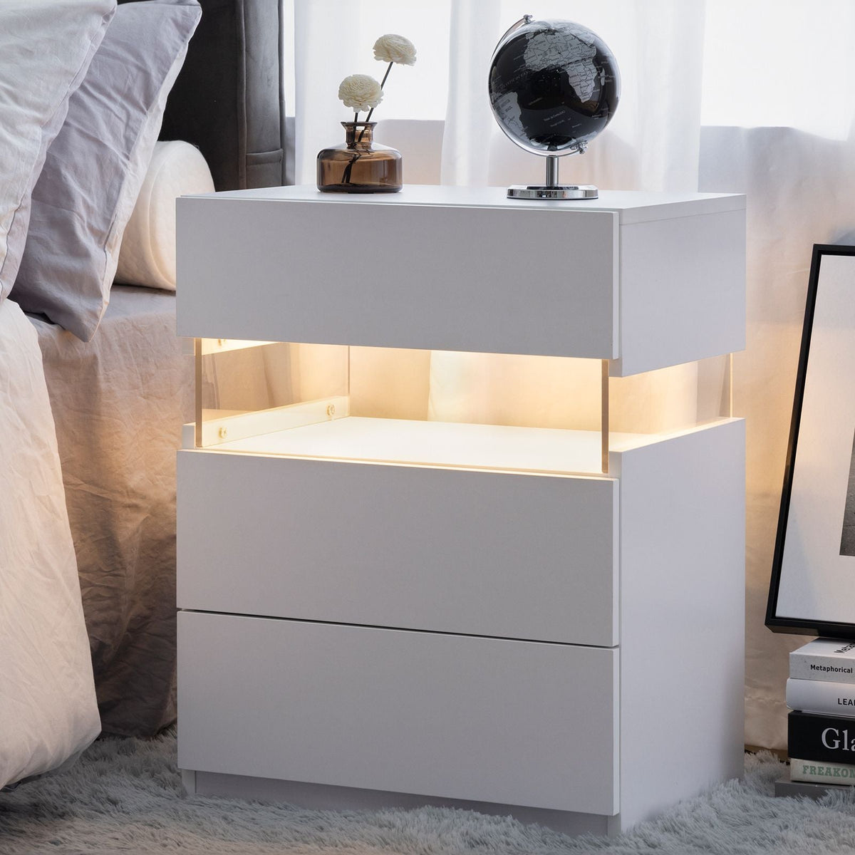 LED Nightstands 3 Drawer Dresser for Bedroom End Table with Acrylic Board LED