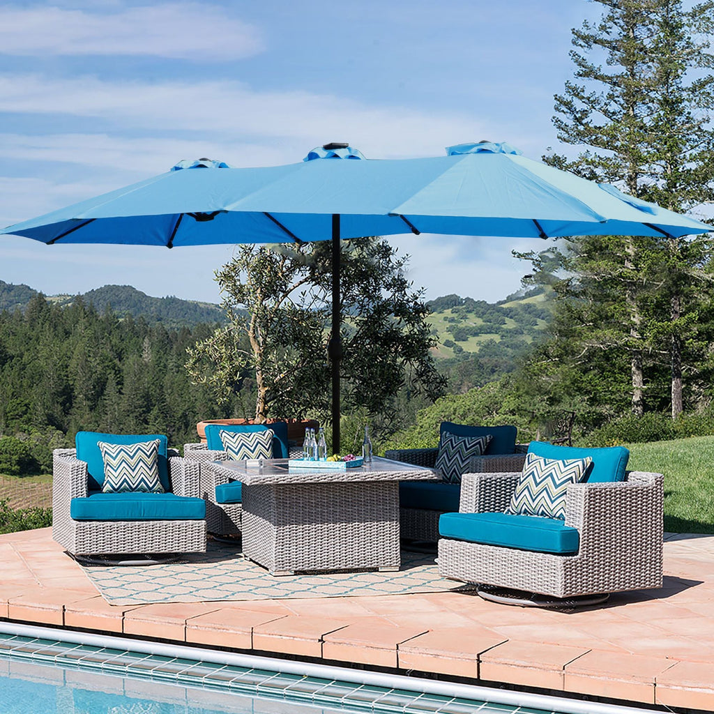 15x9ft Large Double-Sided Rectangular Outdoor Twin Patio Market Umbrella with light, base