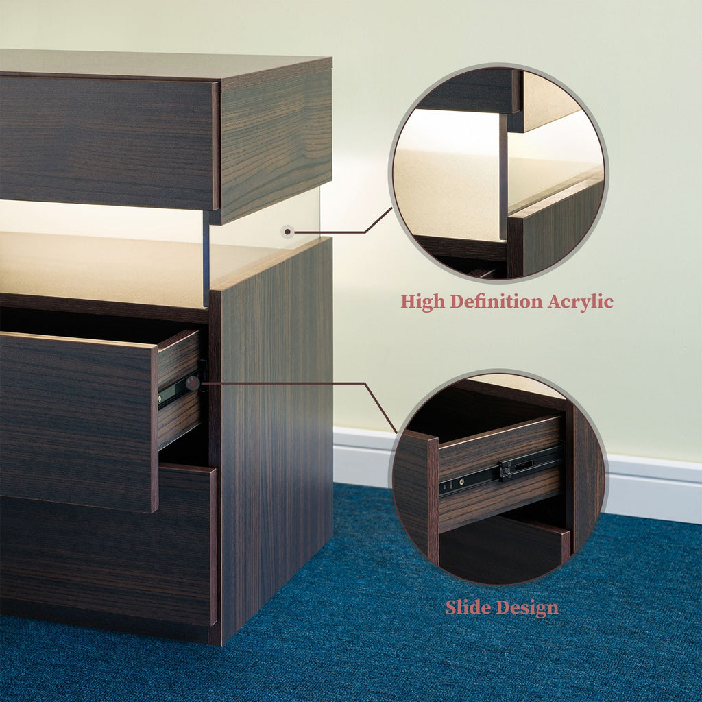 LED Nightstand 3 Drawer Dresser for Bedroom End Table with Acrylic Board LED