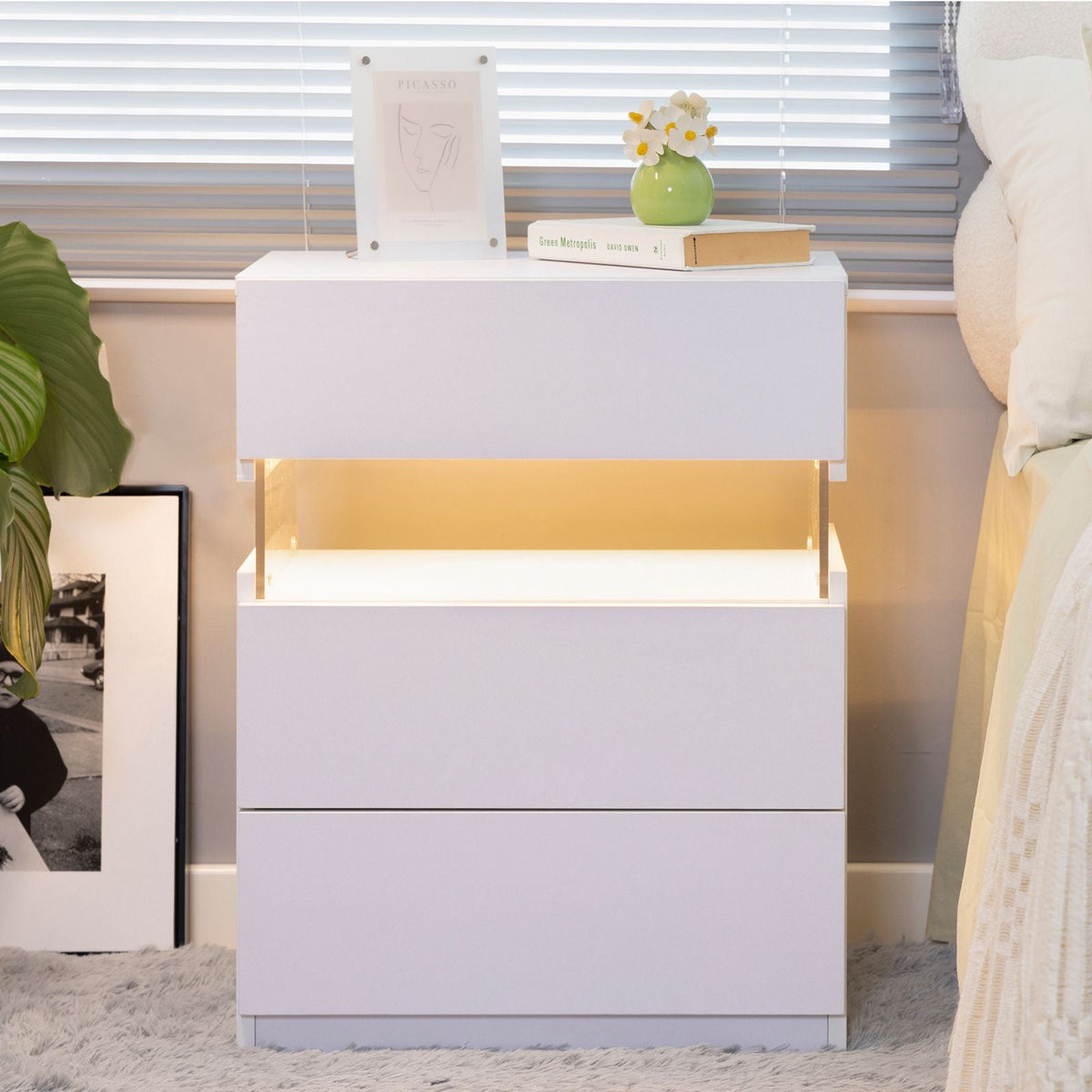 LED Nightstands 3 Drawer Dresser for Bedroom End Table with Acrylic Board LED