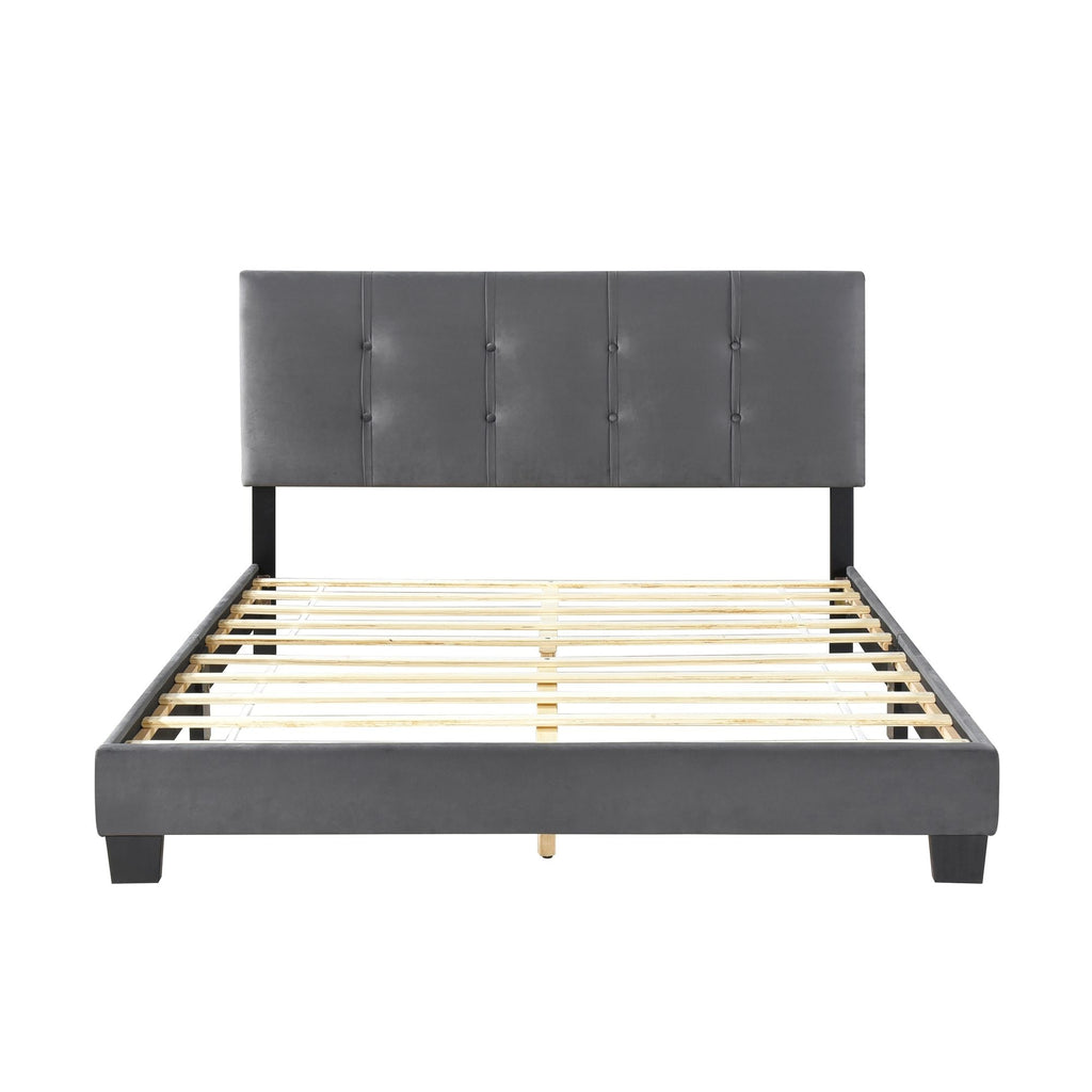 1pc Queen Platform Bed Dark Gray Velvet Upholstered Adjustable Height Headboard