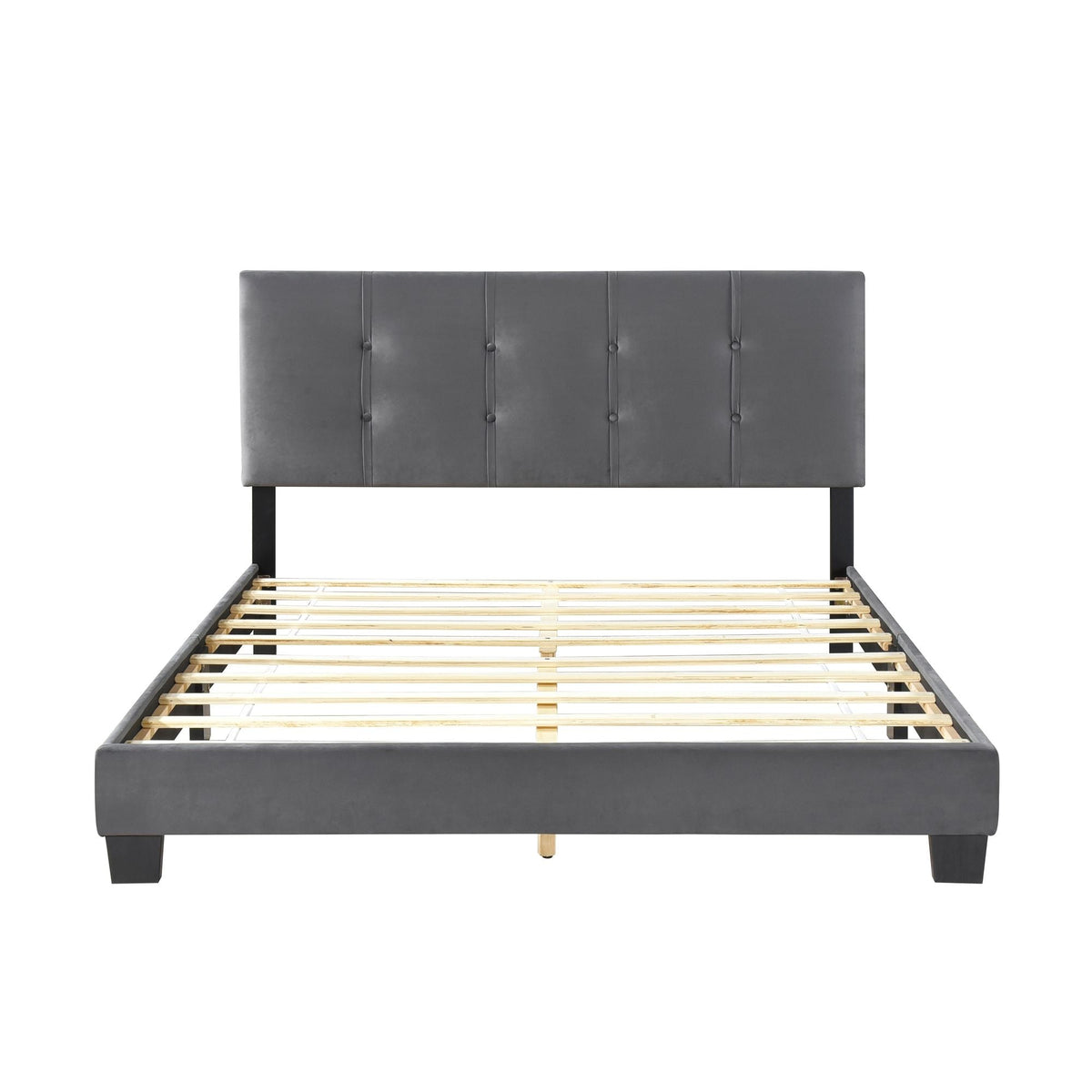 1pc Queen Platform Bed Dark Gray Velvet Upholstered Adjustable Height Headboard