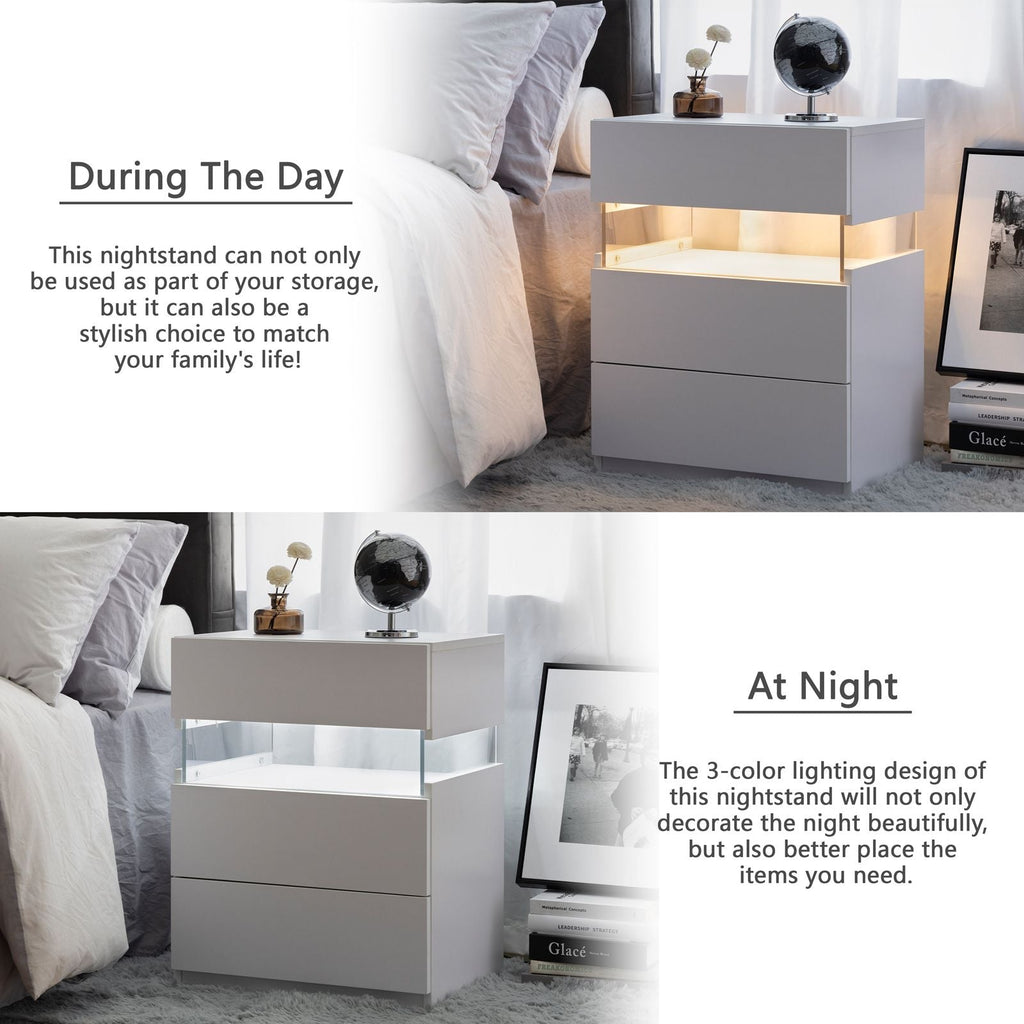 LED Nightstands 3 Drawer Dresser for Bedroom End Table with Acrylic Board LED