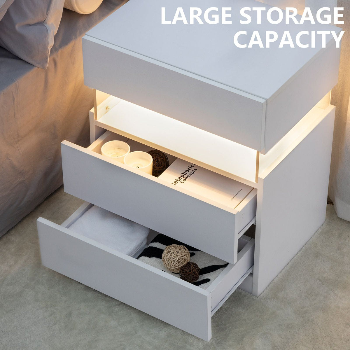 LED Nightstands 3 Drawer Dresser for Bedroom End Table with Acrylic Board LED