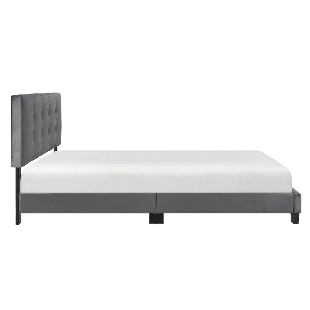 1pc Queen Platform Bed Dark Gray Velvet Upholstered Adjustable Height Headboard
