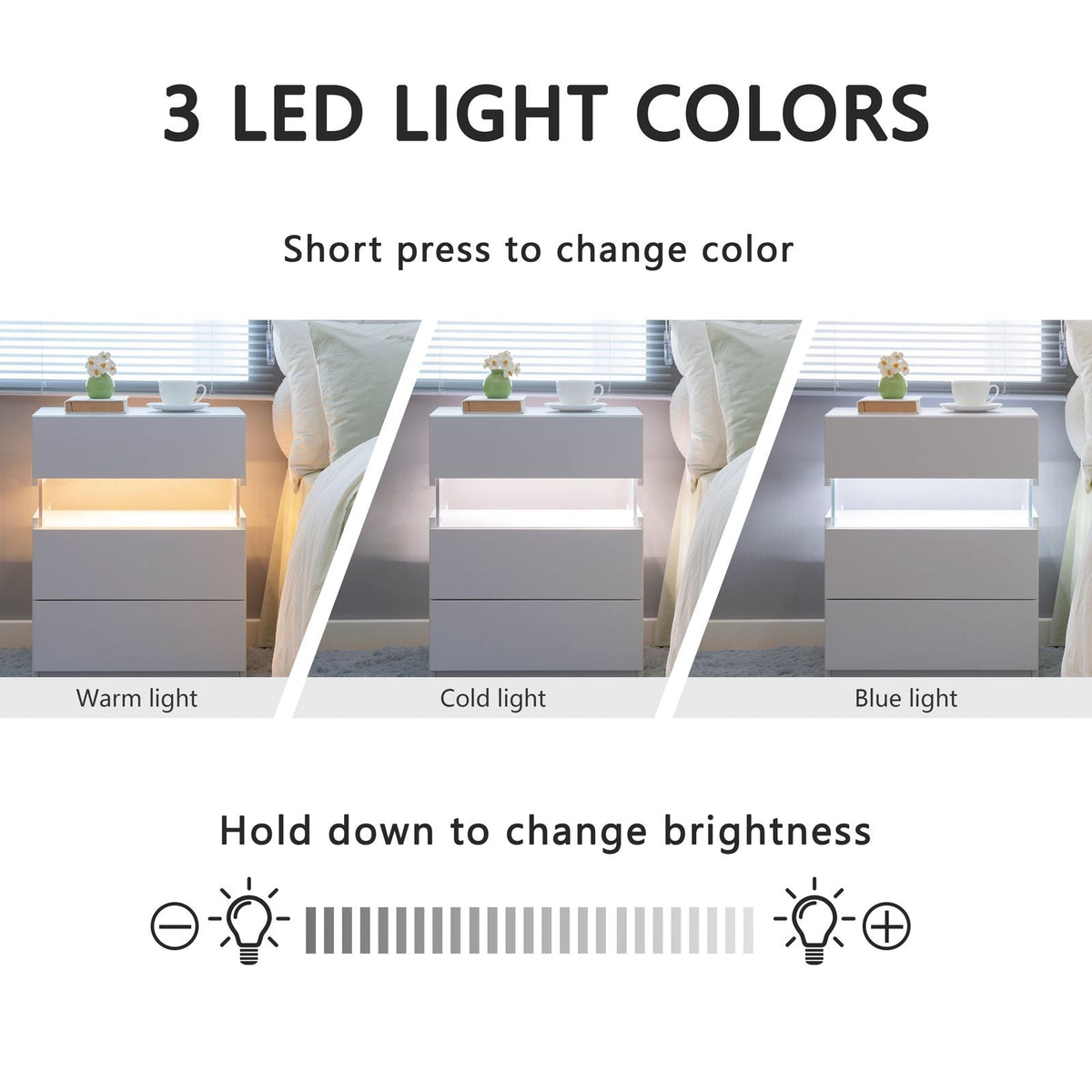 LED Nightstands 3 Drawer Dresser for Bedroom End Table with Acrylic Board LED