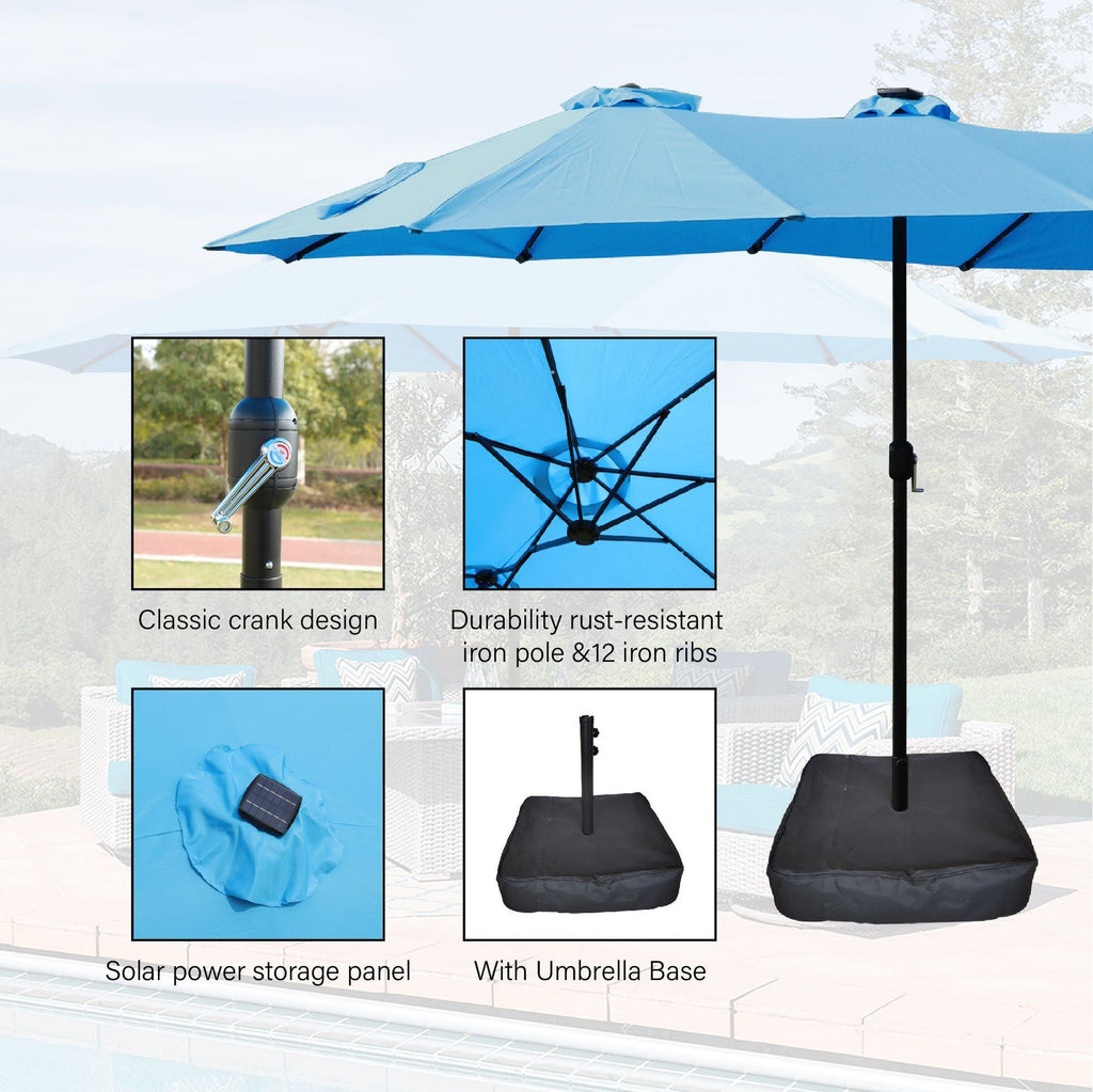 15x9ft Large Double-Sided Rectangular Outdoor Twin Patio Market Umbrella with light, base