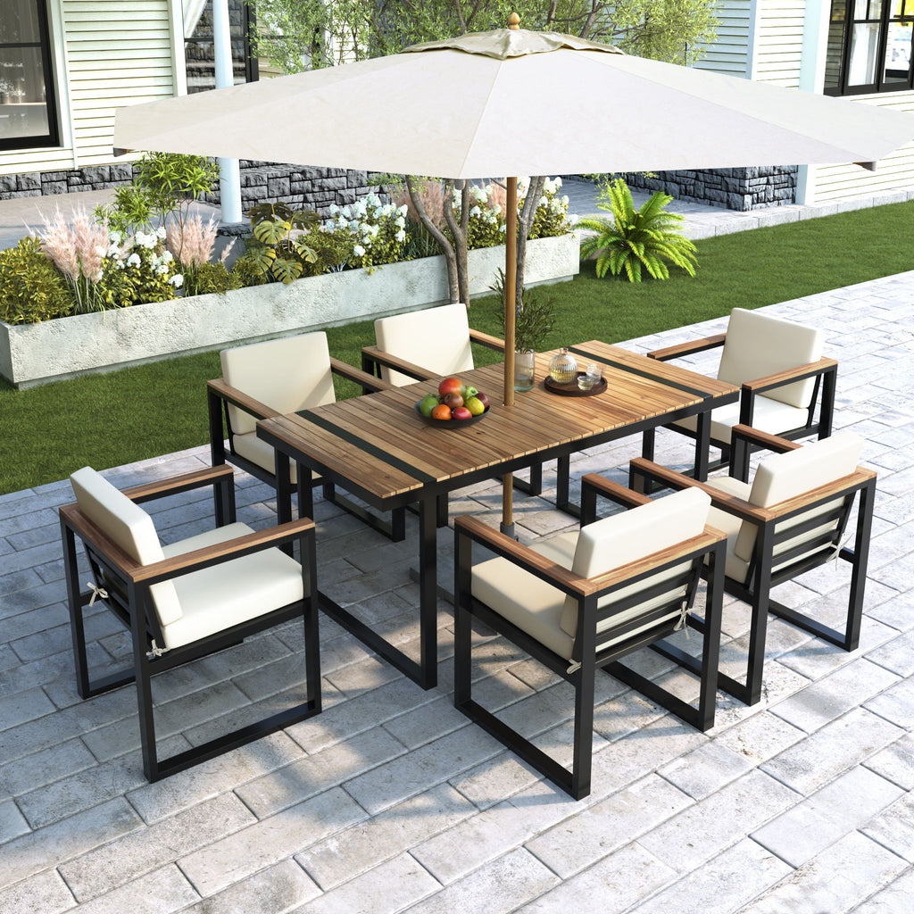 7 Pieces Dining Set Table And Chair Set With And Removable Cushions For Patio