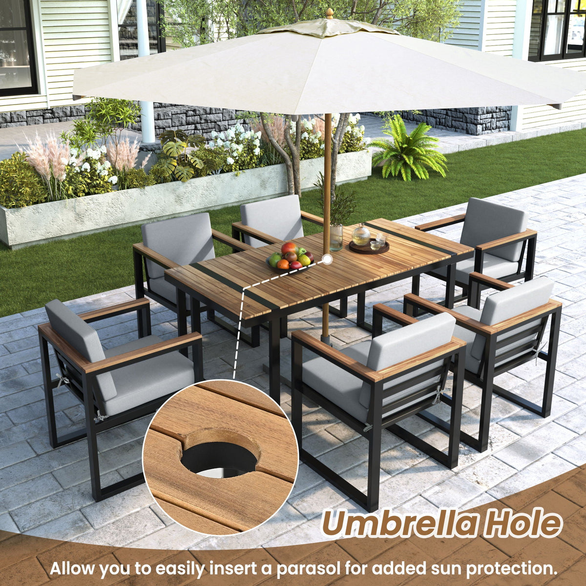 7 Pieces Dining Set Table And Chair Set With And Removable Cushions For Patio