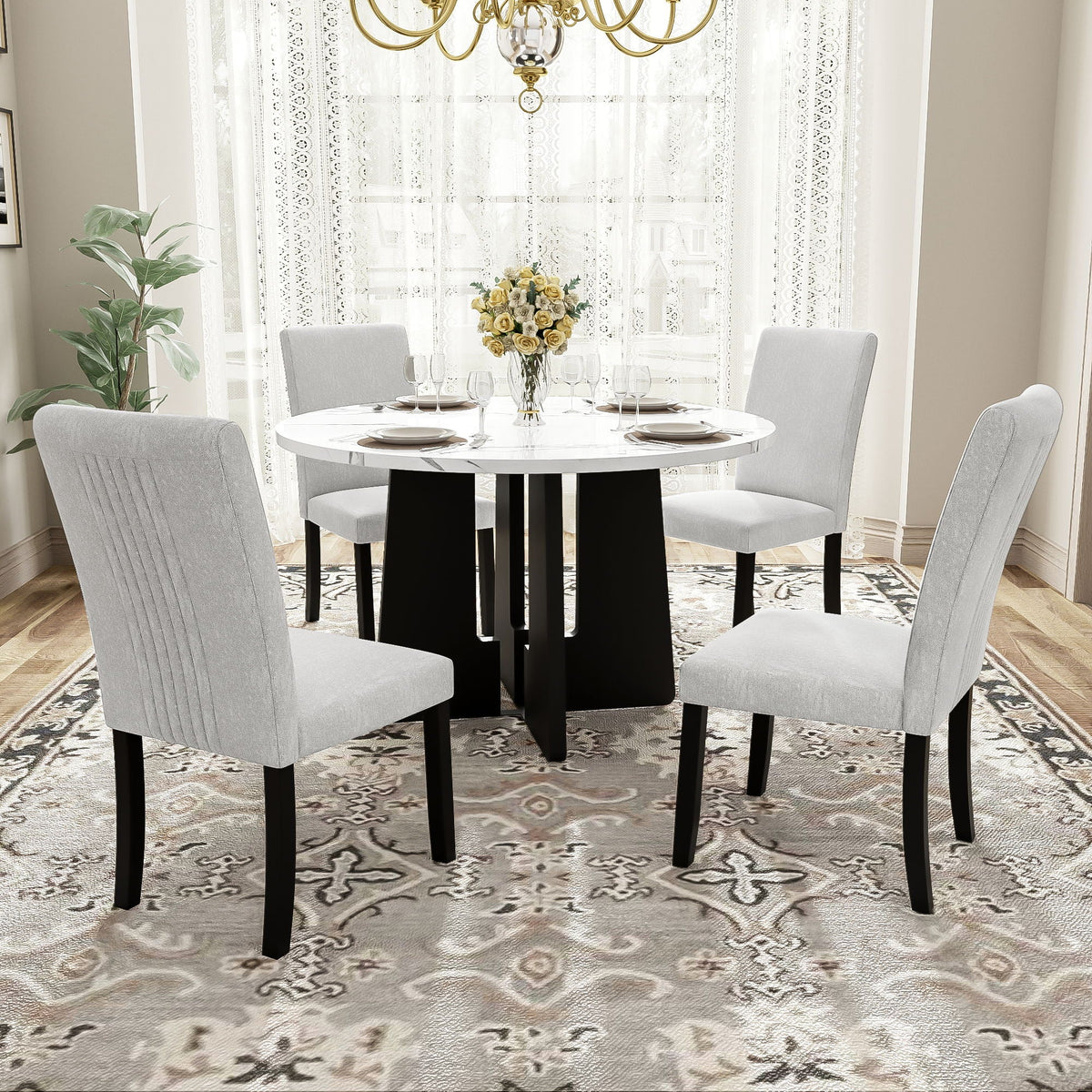 5 Piece Round Dining Table Set, Dining Table And 4 Upholstered Chairs