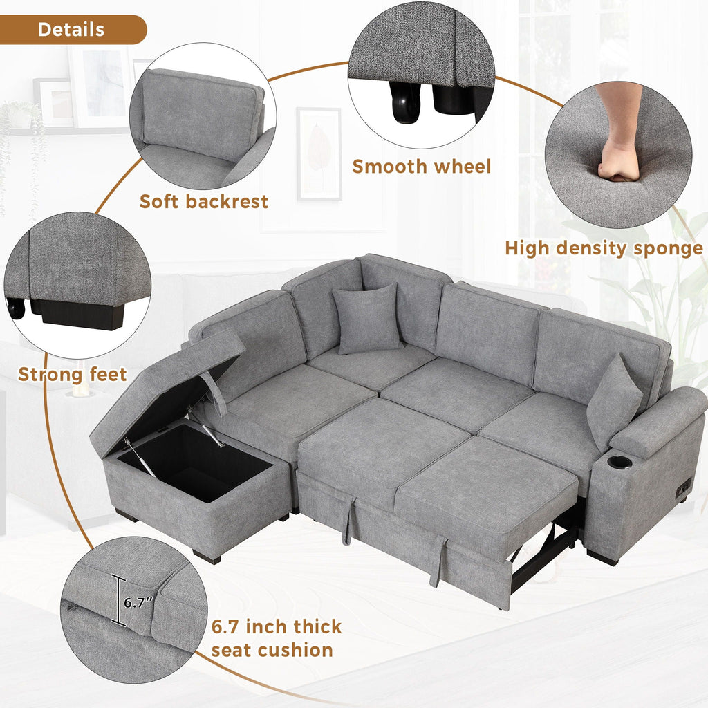 2 In 1 Pull Out Sofa Bed, L Shape Couch With Storage Ottoman