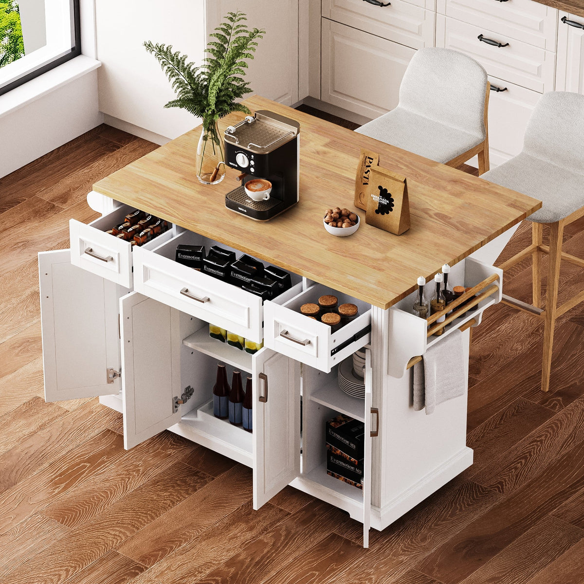 54-Inch Large Kitchen Island with Rubber Wood Drop Leaf