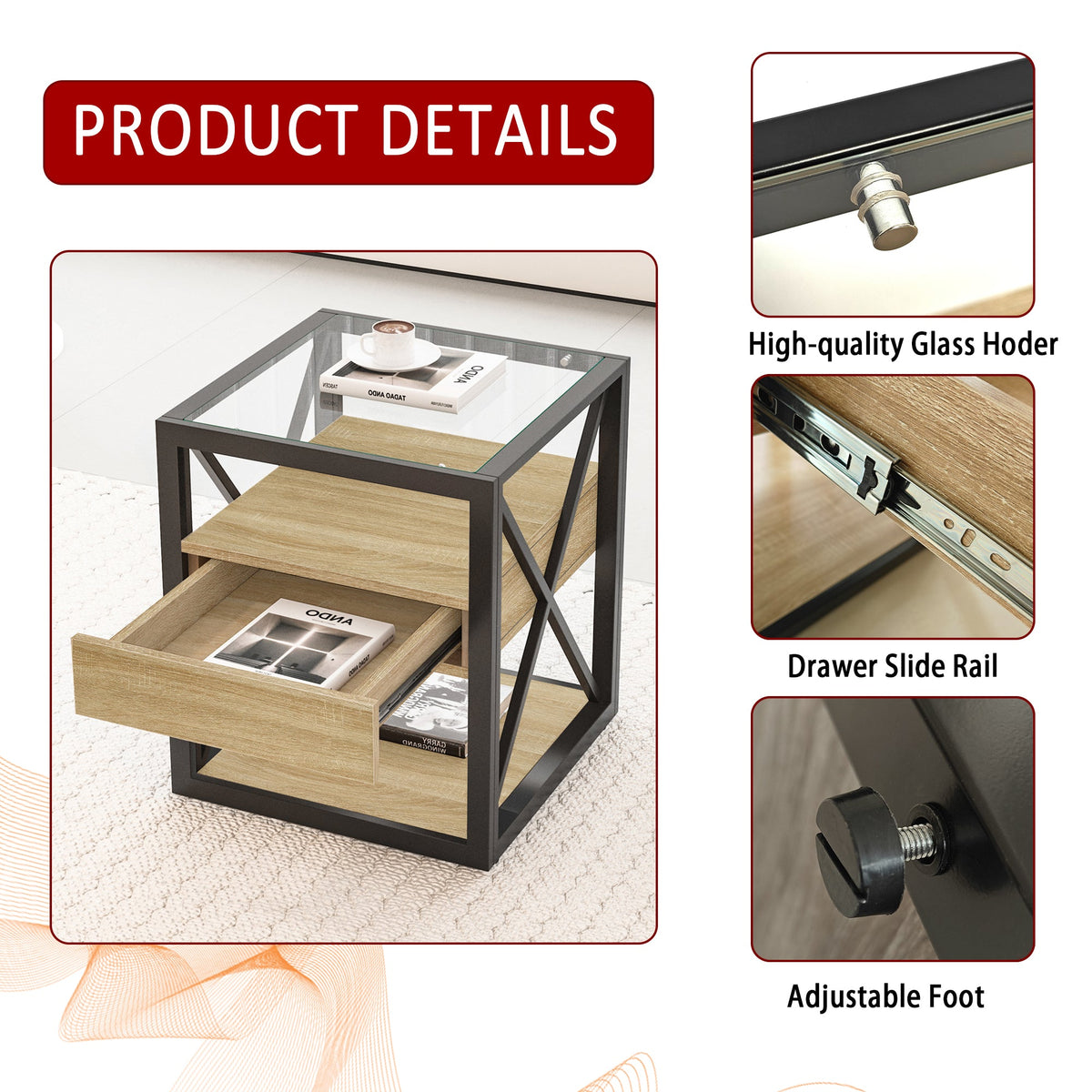Set of 2 Modern End Table with Drawer