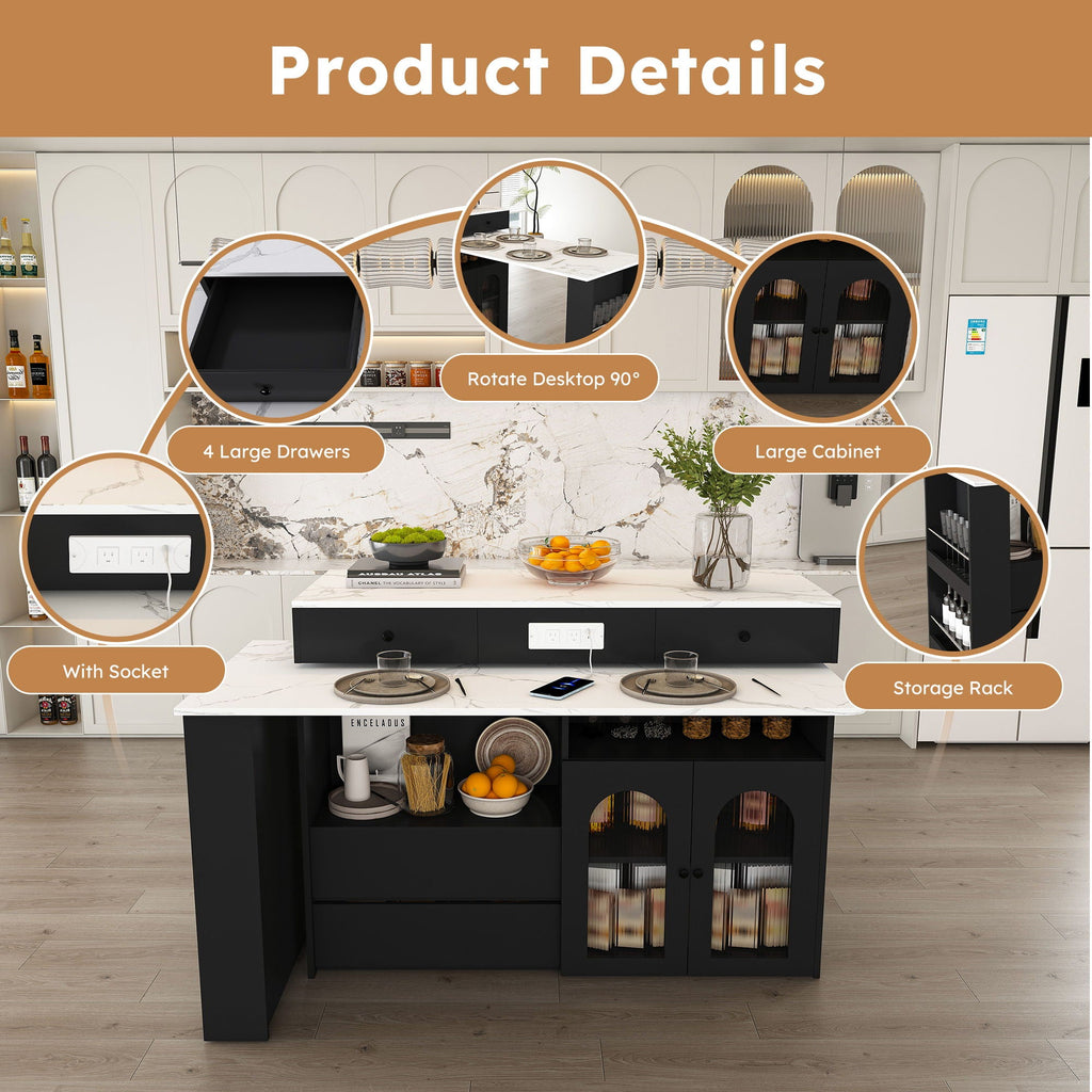 Kitchen Island, Extendable Rotating Table, 4 Drawers & Glass Doors
