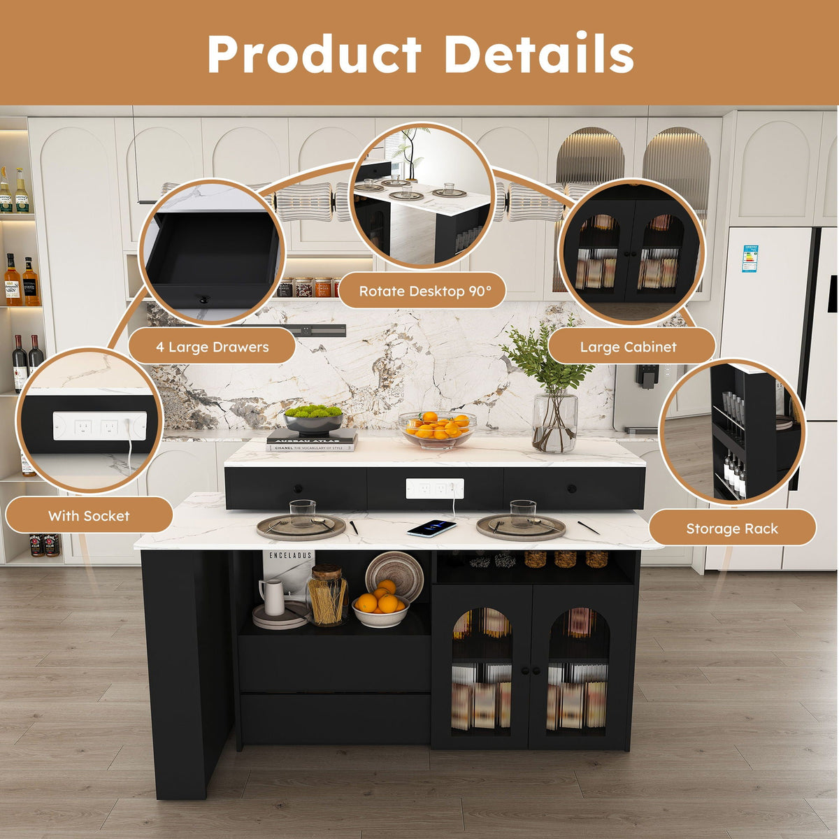 Kitchen Island, Extendable Rotating Table, 4 Drawers & Glass Doors