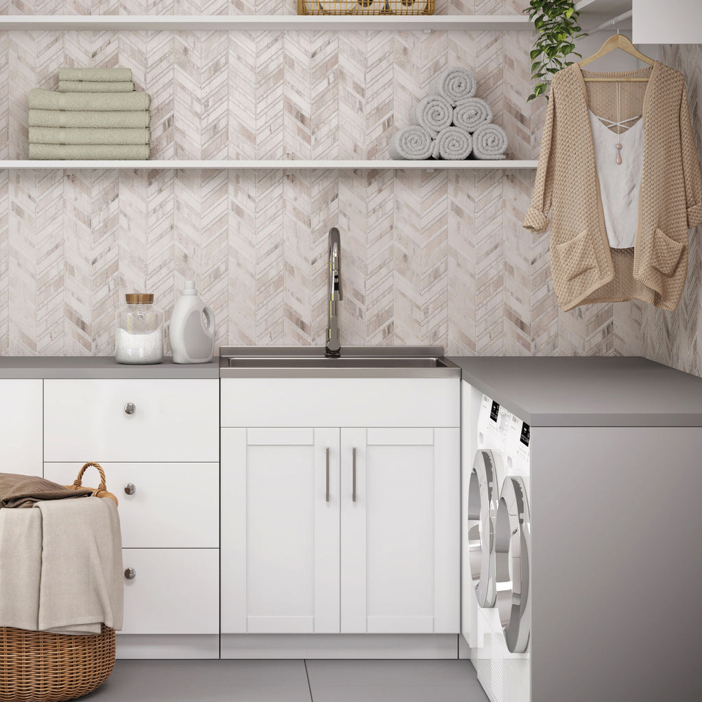 Wide, Laundry Cabinet With Faucet And Stainless Steel Sink
