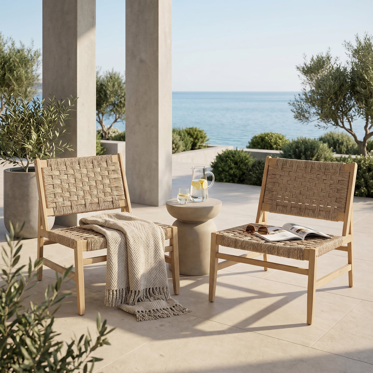 Acacia Wood Patio Club Chair with Wicker - Light Brown or Light Grey