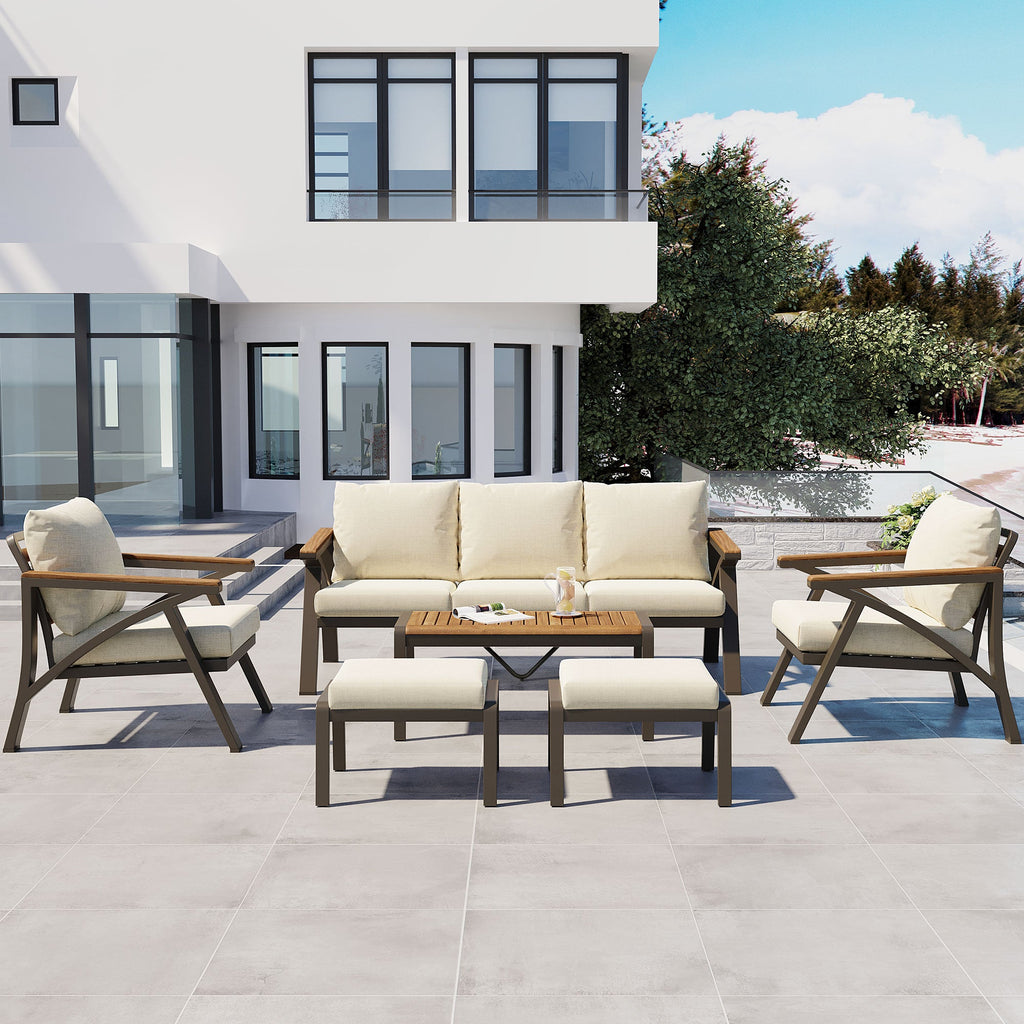 6-Piece Patio Furniture Set with Steel Frame Sofa & Acacia Wood Table