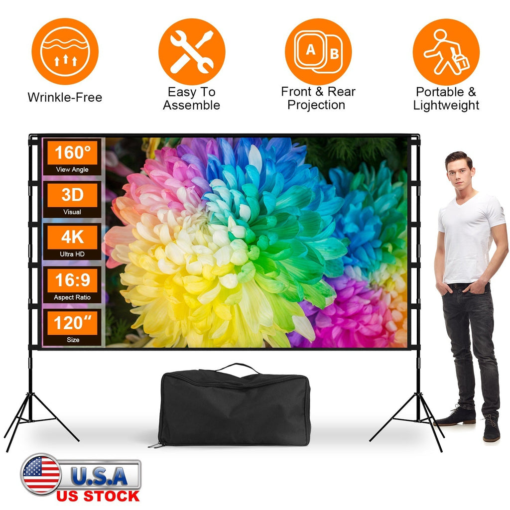 120inch Projector Screen with Stand 16:9 4K HD Rear Front Wrinkle-Free Movie Screen
