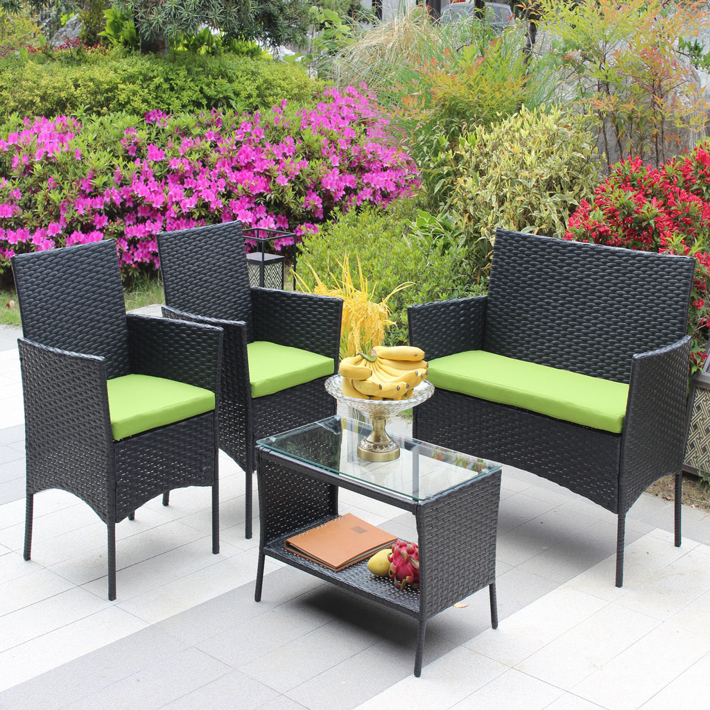 4 PC Rattan Patio Set Outdoor Cushioned Wicker Sofa Green Cushion