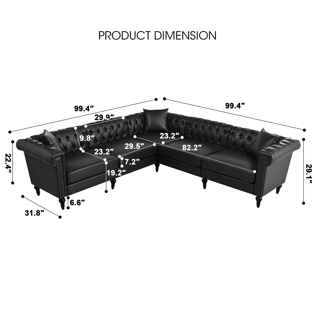 L Shaped Reversible Modern Chesterfield Sofa with Rolled Arms and Nailheads