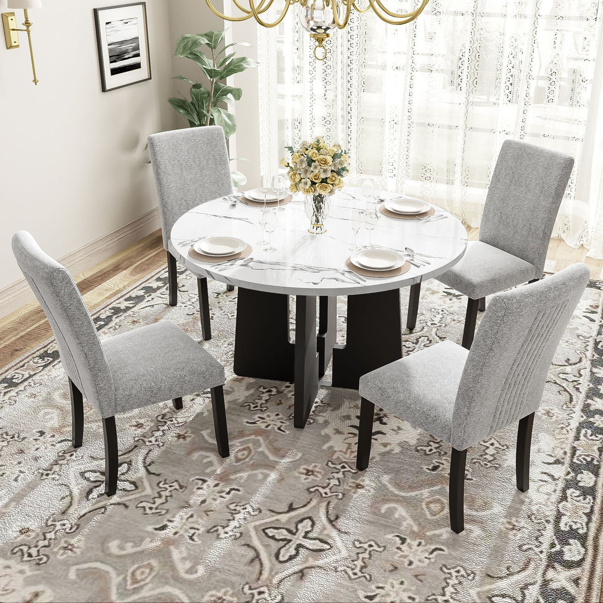 5 Piece Round Dining Table Set, Dining Table And 4 Upholstered Chairs
