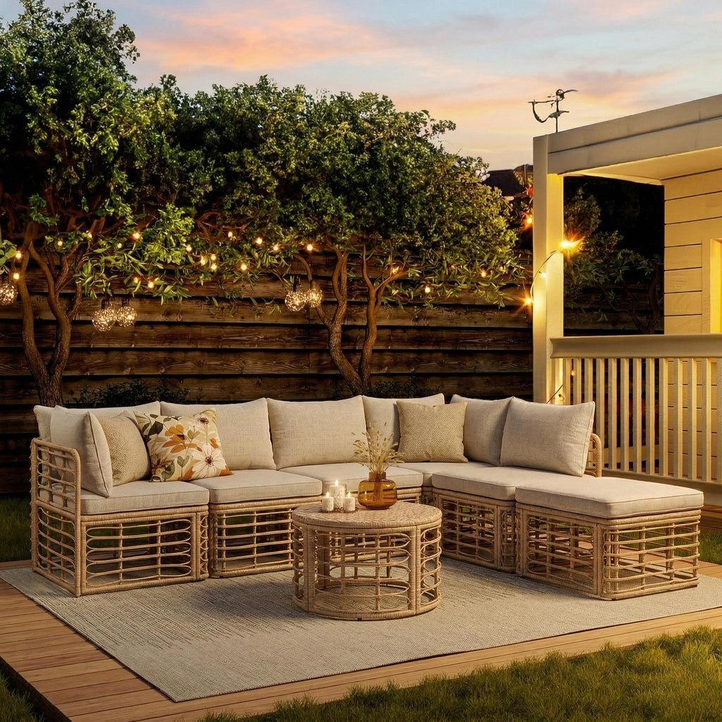 7 Pieces Outdoor Patio Furniture, All-Weather Rattan Sectional Sofa Set