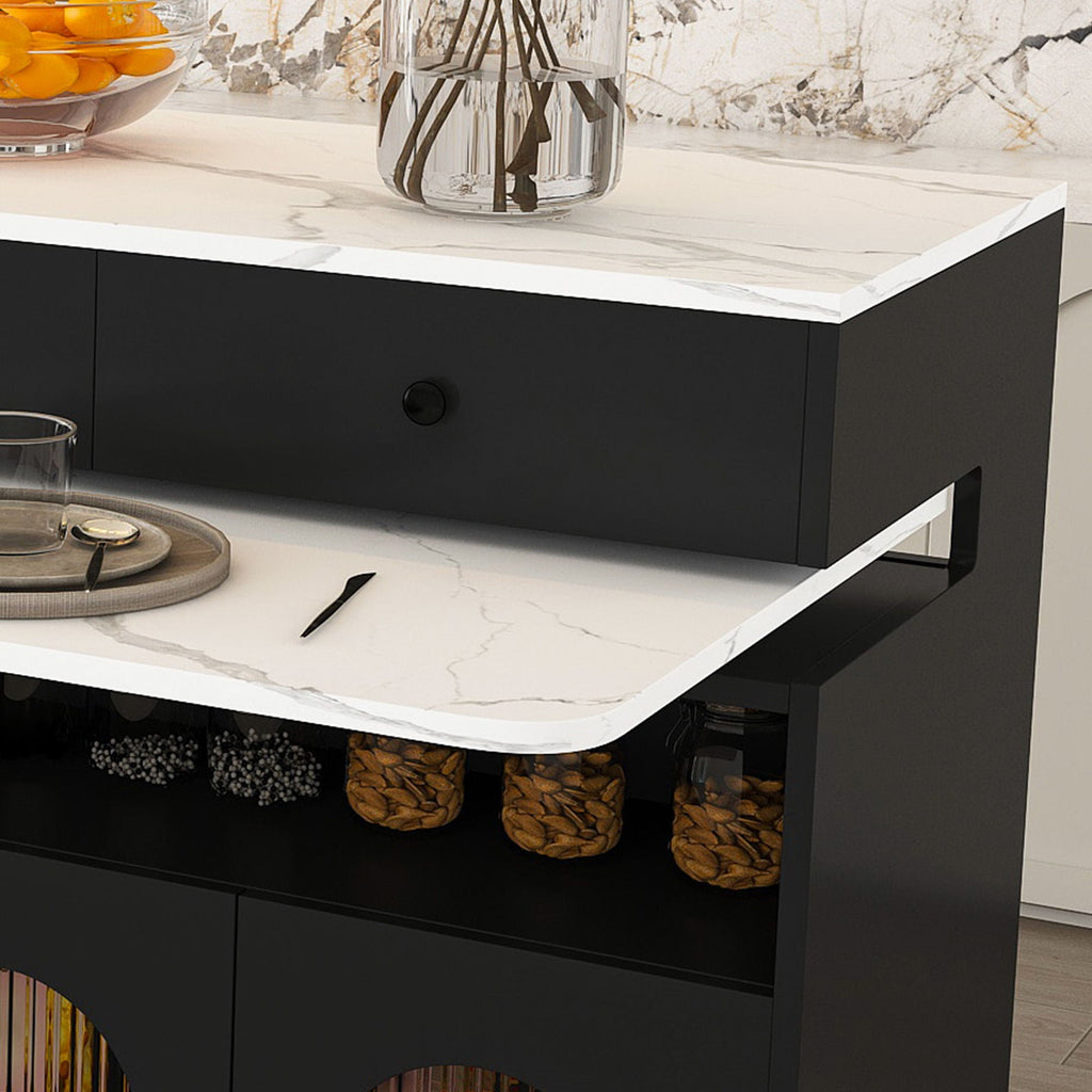 Kitchen Island, Extendable Rotating Table, 4 Drawers & Glass Doors