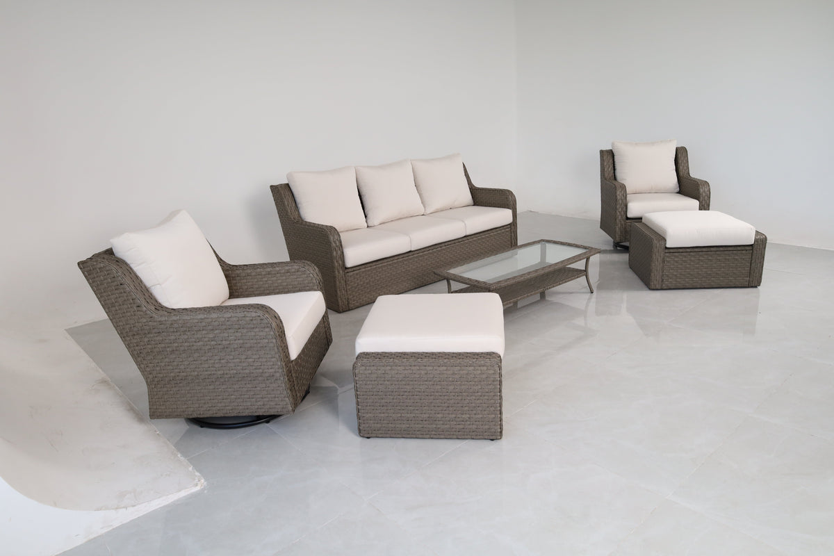 Luxury Rattan Patio Conversation Set with Swivel Chairs & Sofa - Light Gray
