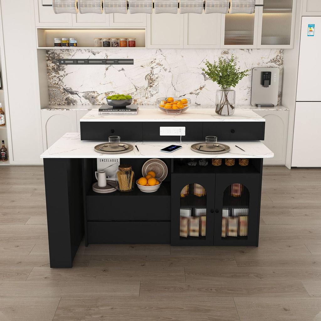 Kitchen Island, Extendable Rotating Table, 4 Drawers & Glass Doors