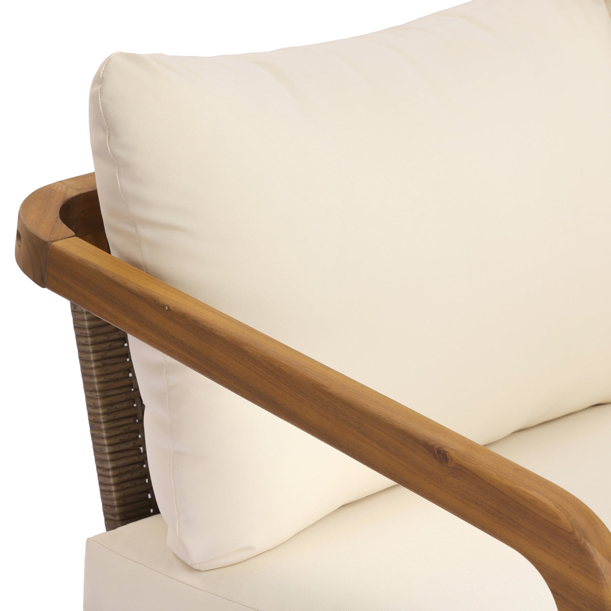 Acacia Wood Outdoor Patio Club Chair with Wicker Backrest & Cushion - Cream, Light Brown