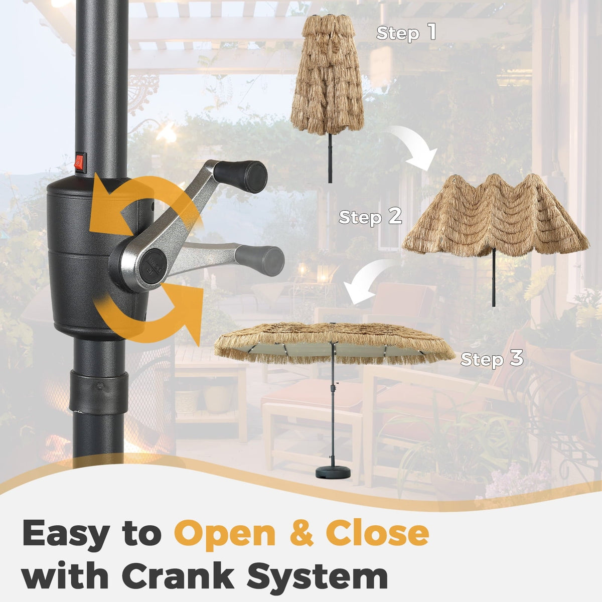 13ft Large Thatched Tiki Patio Umbrella with Solar LED Lights