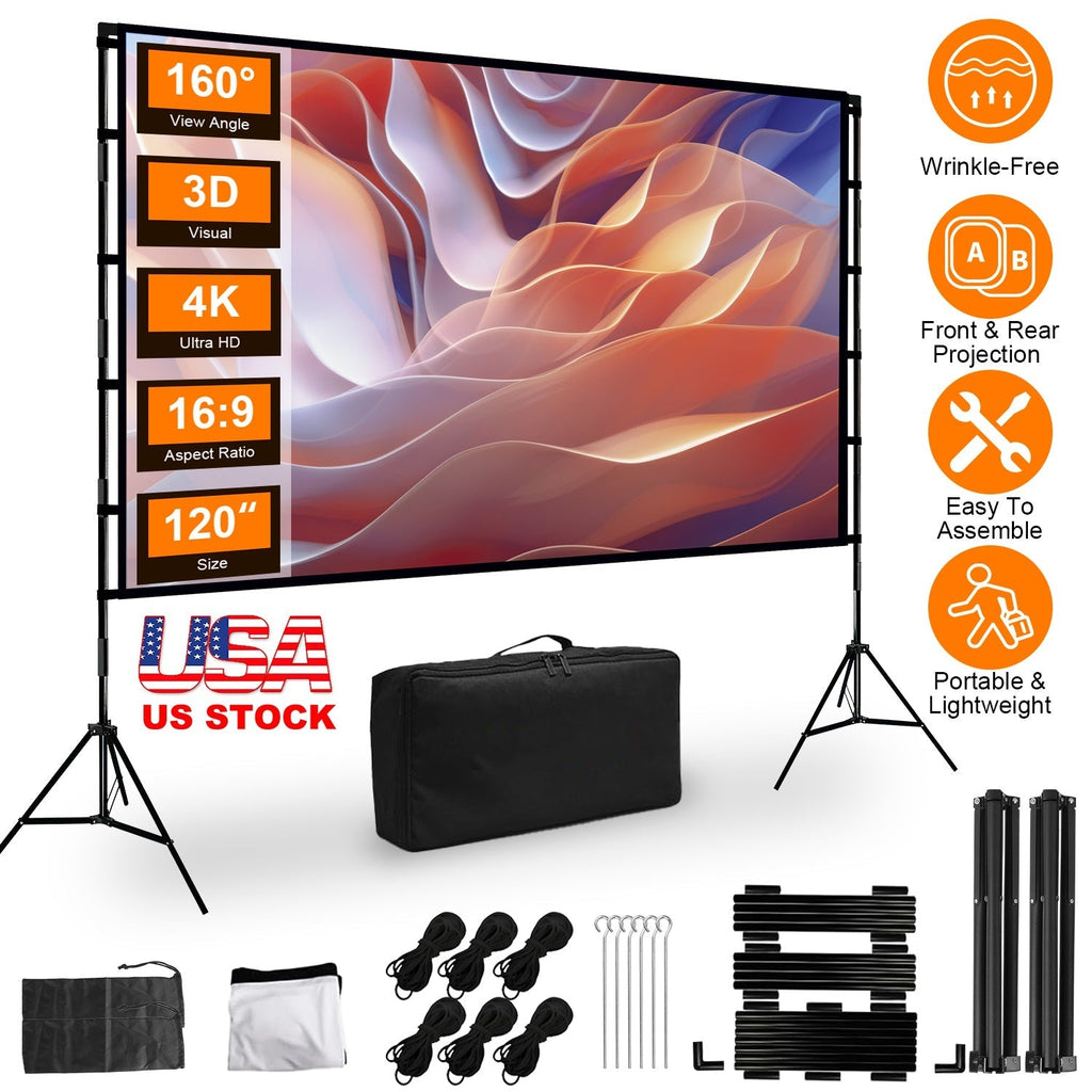 120inch Projector Screen with Stand 16:9 4K HD Rear Front Wrinkle-Free Movie Screen