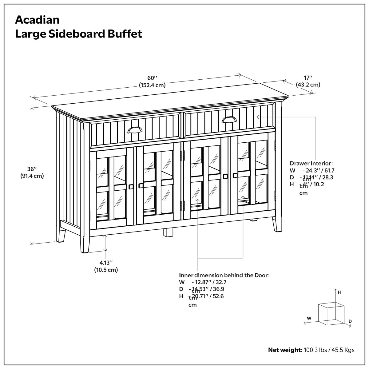 60 Inch Wide Solid Wood Large Sideboard Buffet in Brunette