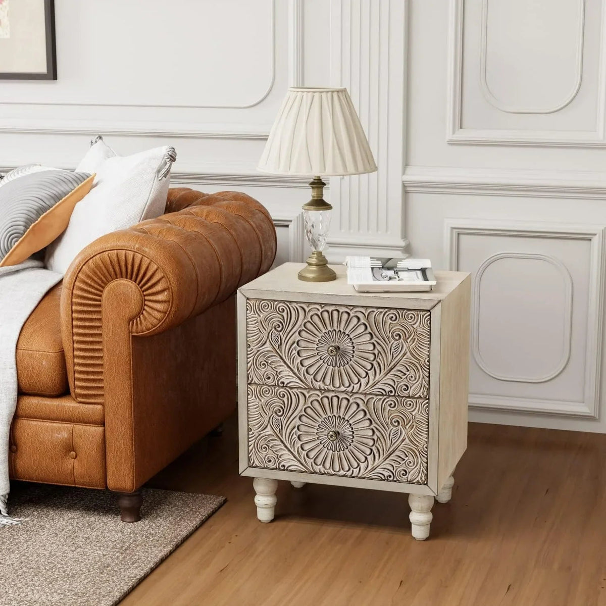 End Table With 2 Drawers, Vintage Style Wood Side Table