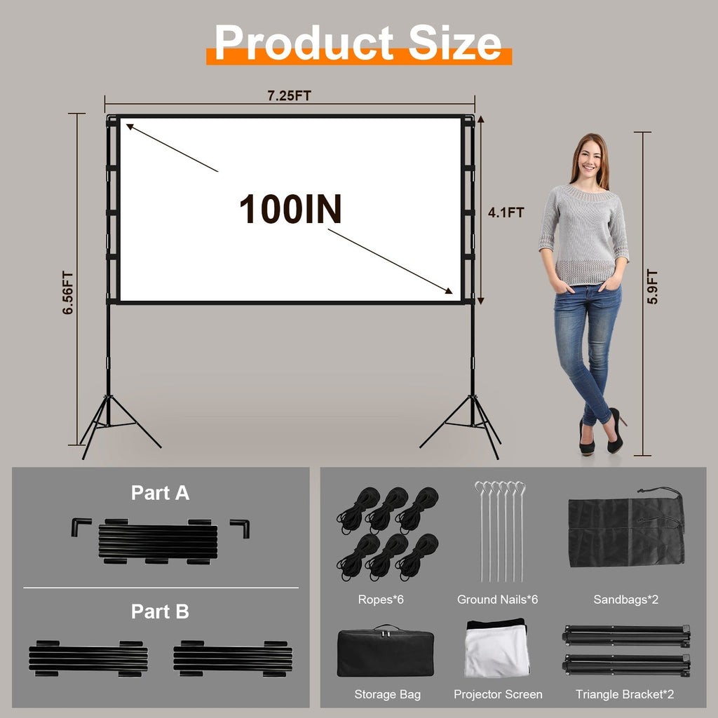 100inch Projector Screen with Stand 16:9 4K HD Rear Front Wrinkle-Free