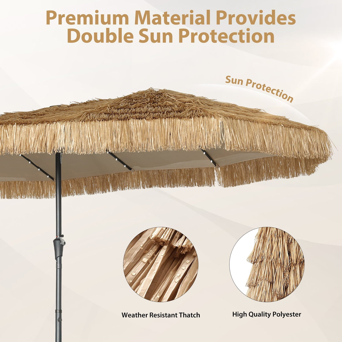15ft Large Thatched Tiki Patio Umbrella with Lights, Weighted Sandbags