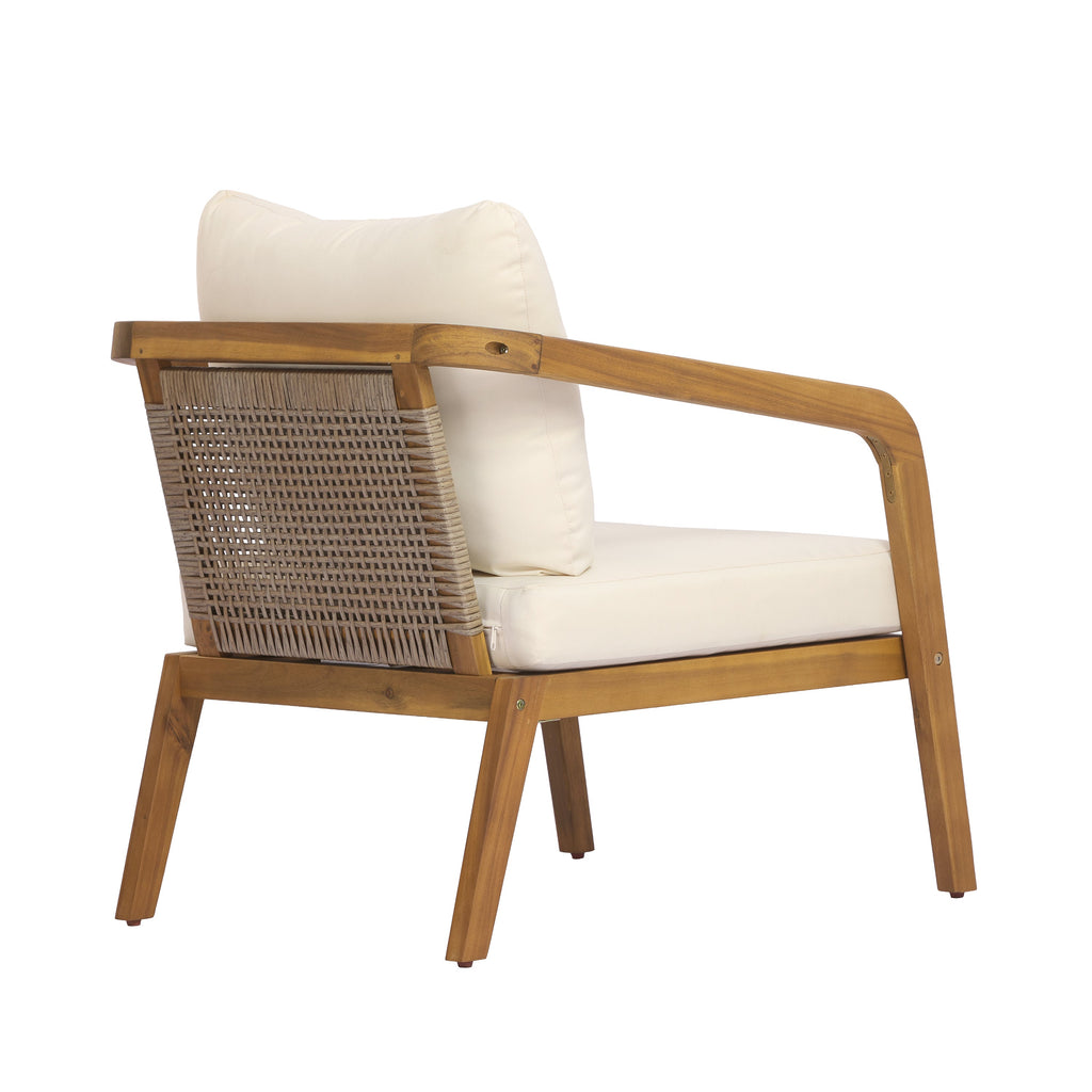 Acacia Wood Outdoor Patio Club Chair with Wicker Backrest & Cushion - Cream, Light Brown